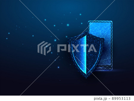 Futuristic mobile security concept with glowing low poly smartphone and protective shield on blue 89953113