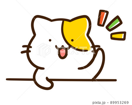 手を挙げるかわいいねこのキャラクターの手書き風上半身イラストの
