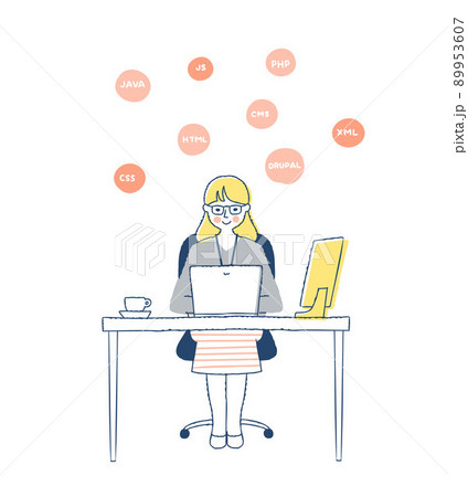 プログラマー/デスクワークをする女性とプログラミング用語 89953607