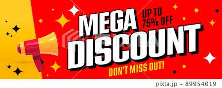 Mega discount announcing sale banner. Special discount offer up to 75 percent off vector illustration. Design with loudspeaker 89954019
