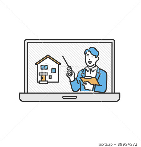 オンラインセミナーで住宅の説明をする担当者のイメージイラスト素材 89954572