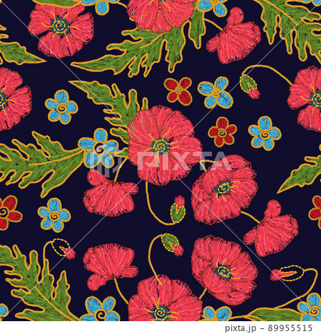 Ukrainian floral poppy flower embroidery seamless pattern.  89955515