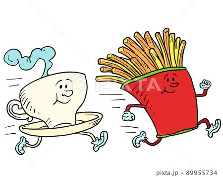 A hot cup of coffee or tea and french fries. Fast food characters running, doing sports 89955734