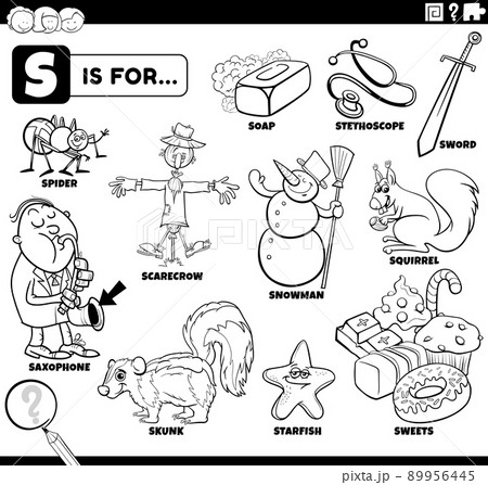 letter s words educational set coloring book page 89956445