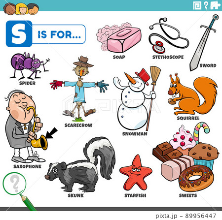 letter s words educational set with cartoon characters letter s words educational set with cartoon characters 89956447
