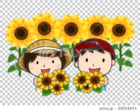 色鉛筆手描きイラスト　ひまわり畑で花を抱える子供たち 89958654