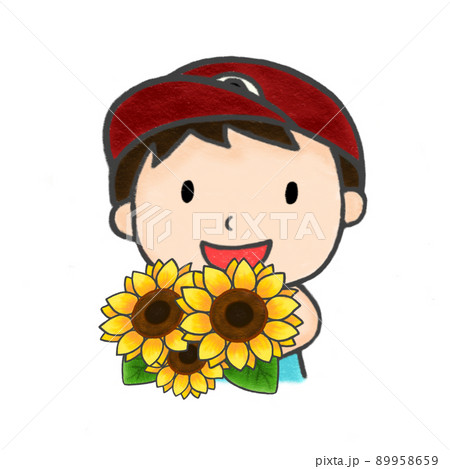 色鉛筆手描きイラスト ひまわりの花束を抱えるキャップをかぶった男の子のイラスト素材