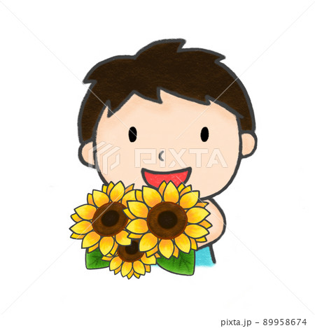 色鉛筆手描きイラスト ひまわりの花束を抱える男の子のイラスト素材