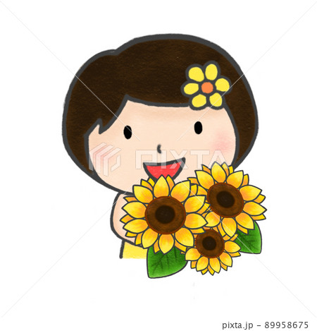 色鉛筆手描きイラスト ひまわりの花束を抱える女の子のイラスト素材