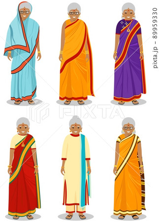 Indian woman. Set of different standing old women in the traditional national clothing isolated on white background in flat style. Differences people in the east dress. Vector illustration. 89959330