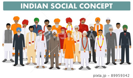Family and social concept. Group young and senior indian people standing together in different traditional clothes on white background in flat style. Vector illustration. 89959342