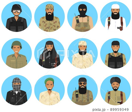 Different muslim Middle East officers and soldiers characters avatars icons set in flat style isolated on blue background. Differences islamic saudi arabic military persons faces. Vector illustration. 89959349