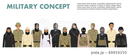 Military concept. Set of different detailed illustration of arab muslim soldiers in camouflage uniforms standing in together in flat style on white background. Vector illustration. 89959350