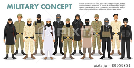 Military concept. Set of different detailed illustration of arab muslim soldiers in camouflage uniforms standing in together in flat style on white background. Vector illustration. 89959351