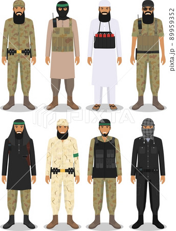 Set of different detailed illustration of islamic arabic terrorists in flat style on white background. Vector illustration. 89959352