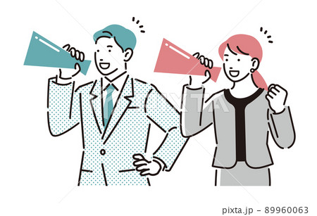 人物 メガホンを持って応援するビジネスパーソン男女 89960063