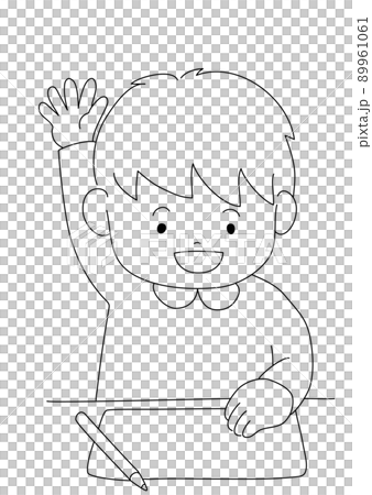 授業中に積極的に元気に手を挙げる男の子（モノクロ・白黒・線画） 89961061