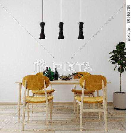 Stylish interior of bright living room with table and chair table, with decoration. Living room interior mockup. Modern design room with bright daylight. 3d render 89962709