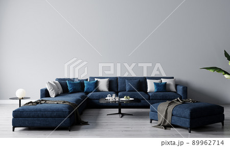 Stylish interior of bright living room with blue sofa and coffee table with decoration. Living room interior mockup. Modern design room with bright daylight. 3d render 89962714