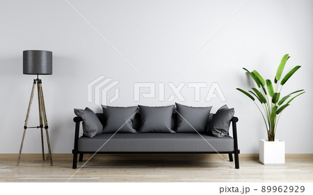 Home interior mock-up with gray sofa, flower and gloor lamp in living room, 3d rendering Home interior mock-up with gray sofa, flower and gloor lamp in living room, 3d rendering 89962929