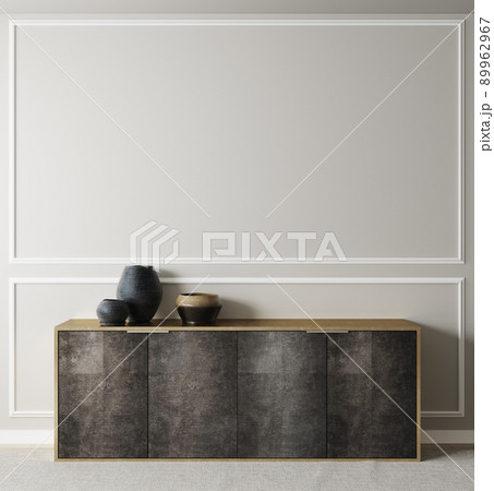 Poster, wall mockup with cabinet and decor in interior background, 3d rendering 89962967