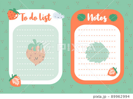 Set of to do list and note paper with cute strawberry and leaves. Template for organizer, planner, agenda, scheduler, notebooks. Flat vector illustration. Set of to do list and note paper with cute strawberry and leaves. Template for organizer, planner, agenda, scheduler, notebooks. Flat vector illustration. 89962994