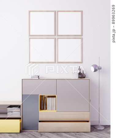 mock up poster frame in modern interior background, living room, Scandinavian style, 3D render, 3D illustration 89963269