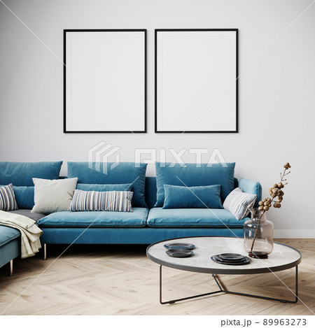 Mockup poster in modern living room interior in bright colors, blue sofa with coffee table. 3D rendering Mockup poster in modern living room interior in bright colors, blue sofa with coffee table. 3D rendering 89963273