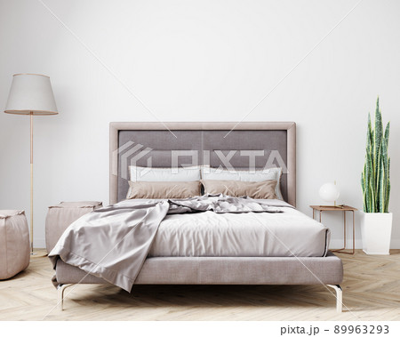 Stylish bedroom interior in light colors. 3d rendering 89963293