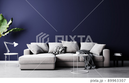 Stylish interior of bright living room with gray sofa, plant and coffee table with decoration. Living room interior mockup. Modern design room with bright daylight. 3d rendering 89963307