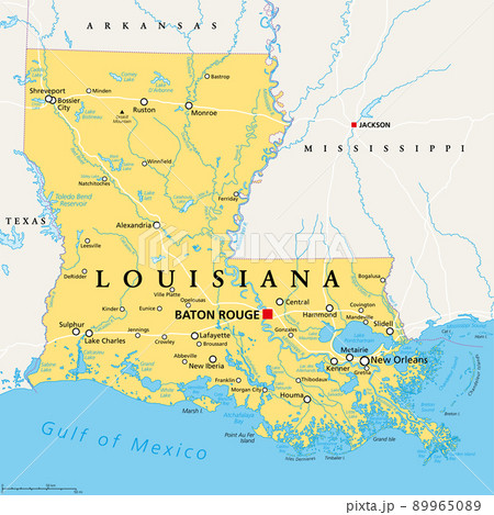 Louisiana, LA, political map, with capital Baton Rouge and metropolitan area New Orleans. State in Deep South and South Central regions of the United States, nicknamed Pelican, Bayou and Creole State. Louisiana, LA, political map, with capital Baton Rouge and metropolitan area New Orleans. State in Deep South and South Central regions of the United States, nicknamed Pelican, Bayou and Creole State. 89965089
