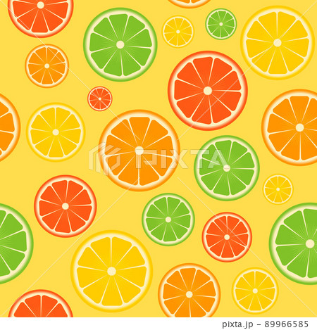 Colorful citrus seamless pattern. Slices of orange, lime, lemon, grapefruit on yellow background. Fresh juicy fruits. Vector template for wrapping paper, fabric, textile, wallpaper, scrapbooking, etc 89966585