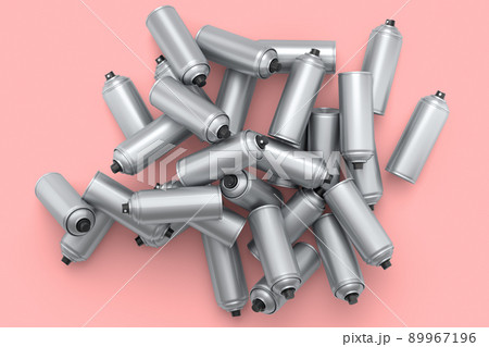 Lots of flying spray paint cans on pink background. Spray bottle and dispenser 89967196