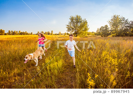 Brother and sister runs in a green field with their beautiful Alabai pet dog. Brother and sister runs in a green field with their beautiful Alabai pet dog. 89967945