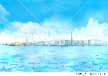 海から望む福岡タワー周辺の風景　水彩画 89968121