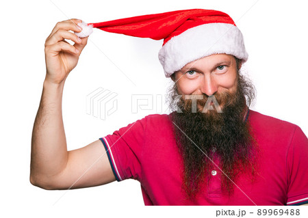 portrait of happy man with new year hat on white background 89969488