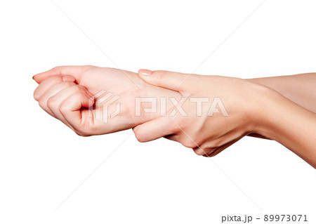 Closeup view of a young woman with pain on hand on white background. 89973071