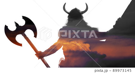 Double exposure portrait of a strong viking on ship with helmet and sword on sunset isolated on white background.. Double exposure portrait of a strong viking on ship with helmet and sword on sunset isolated on white background.. 89973145