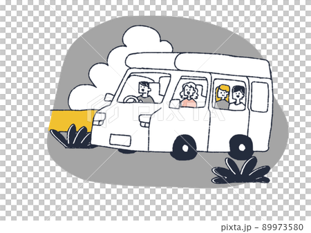 快樂的朋友開著露營車出去，滑稽的手寫人物矢量圖，溫暖的線條畫 89973580