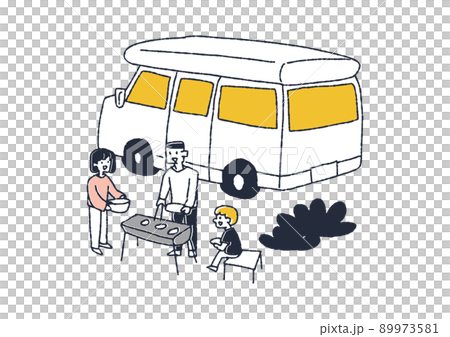 Happy family going out in a camper, comical handwritten person vector, warm line drawing 89973581