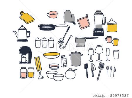 手書きのキッチン小物のセット　温かみのある線画 89973587