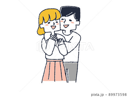 バックハグをしている男女のカップル 幸せそうに愛し合う二人 コミカルな手書きの人物 のイラスト素材