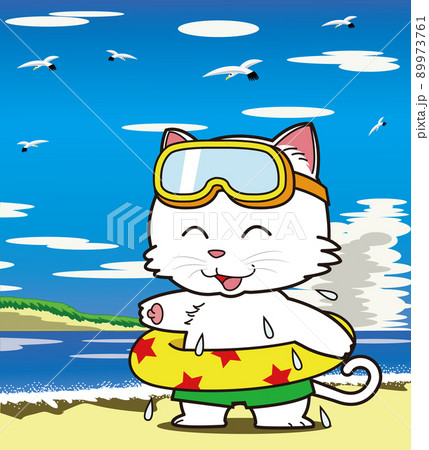 ネコの海水浴（ホワイト）のイラスト素材 [89973761] - PIXTA