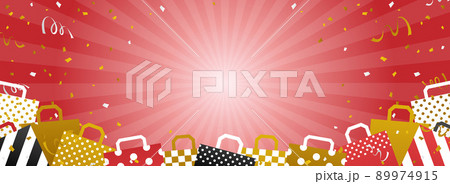 紙吹雪×集中線×ショッピングバッグの赤色背景（バナー向け　横長） 89974915