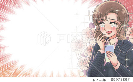 少女漫画風広告アイキャッチ素材・スマホを見て歓喜する薔薇を背負った女性 少女漫画風広告アイキャッチ素材・スマホを見て歓喜する薔薇を背負った女性 89975897