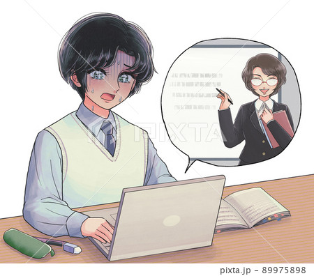 1980’s少女漫画風・パソコンを使ったオンライン授業に苦戦する学生のイラスト 89975898