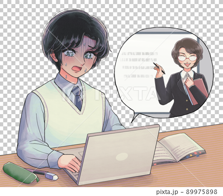 1980’s少女漫画風・パソコンを使ったオンライン授業に苦戦する学生のイラスト 89975898