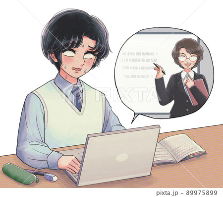 懐かしい少女漫画絵・パソコンを使ったリモート授業に苦労する学生イラスト 89975899