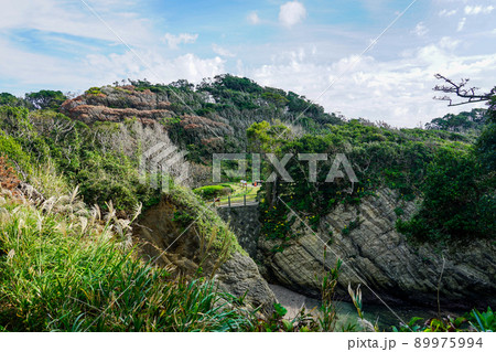 荒崎公園「夕日の丘」に至る崖の道から 名所「どんどんびき」(神奈川県横須賀市荒崎海岸) 荒崎公園「夕日の丘」に至る崖の道から 名所「どんどんびき」(神奈川県横須賀市荒崎海岸) 89975994