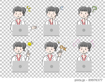 A variation of a set of facial expressions for a woman in a white coat and a personal computer A variation of a set of facial expressions for a woman in a white coat and a personal computer 89976377